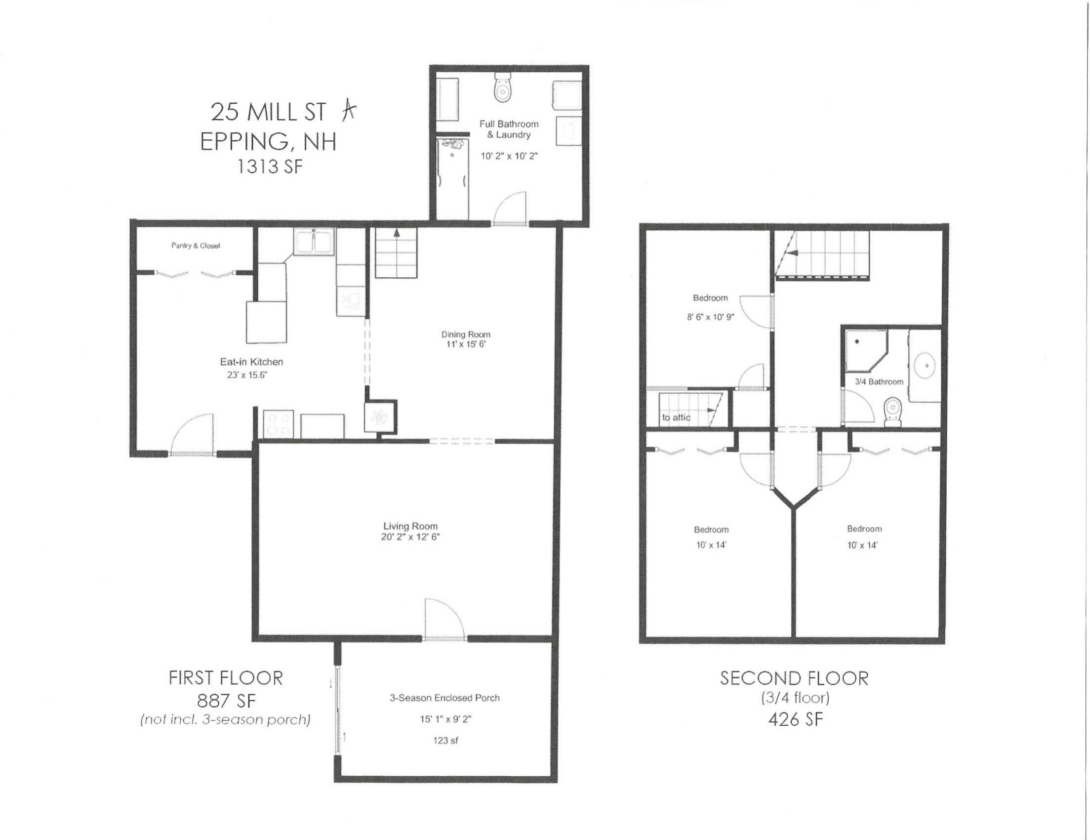 Side B floor plan — historic 1925 home. First floor: eat-in kitchen, dining room, living room, and full bath/laundry. Second floor: three bedrooms and 3/4 bath.
