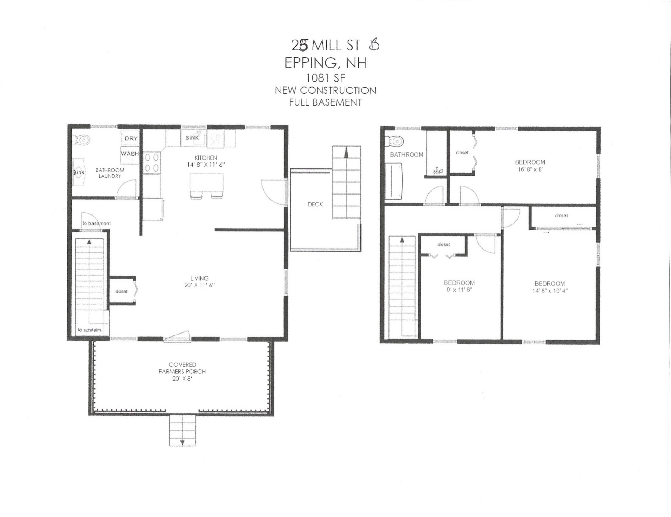 Side A floor plan — new construction. First floor: kitchen, living room, bathroom/laundry, covered farmer's porch, and deck. Second floor: three bedrooms and full bathroom.