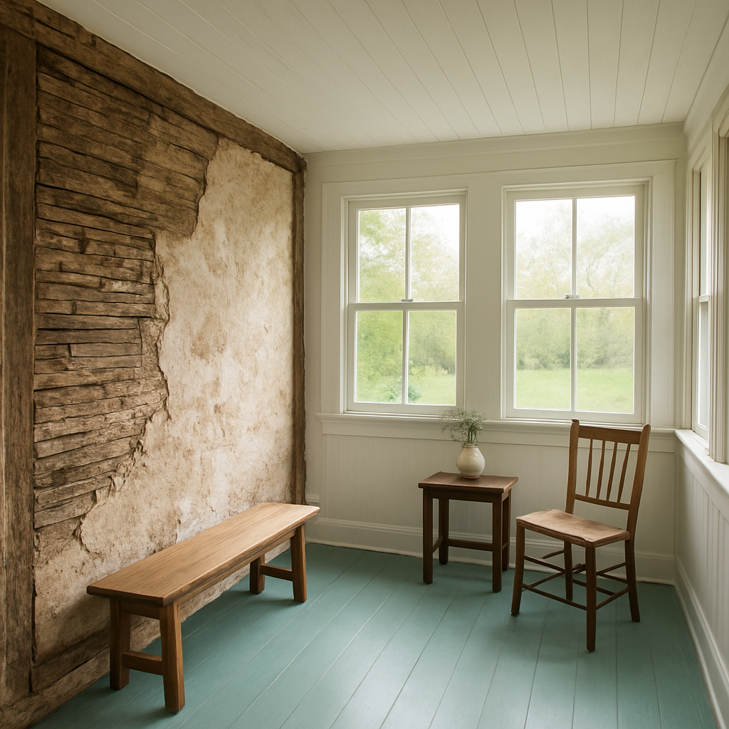 Enclosed porch with the original exposed wall