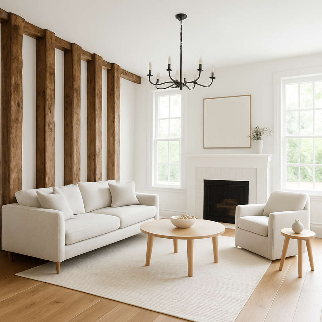 Living area with salvaged vertical beams